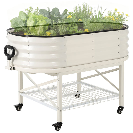 Garvee Galvanized Raised Garden Bed Kit with Storage Rack – Sturdy Oval Metal Planter Box on Legs for Vegetables, Herbs & Flowers – Corrosion-Resistant, Tool-Complimentary Assembly – White, Open, 120×60×30cm