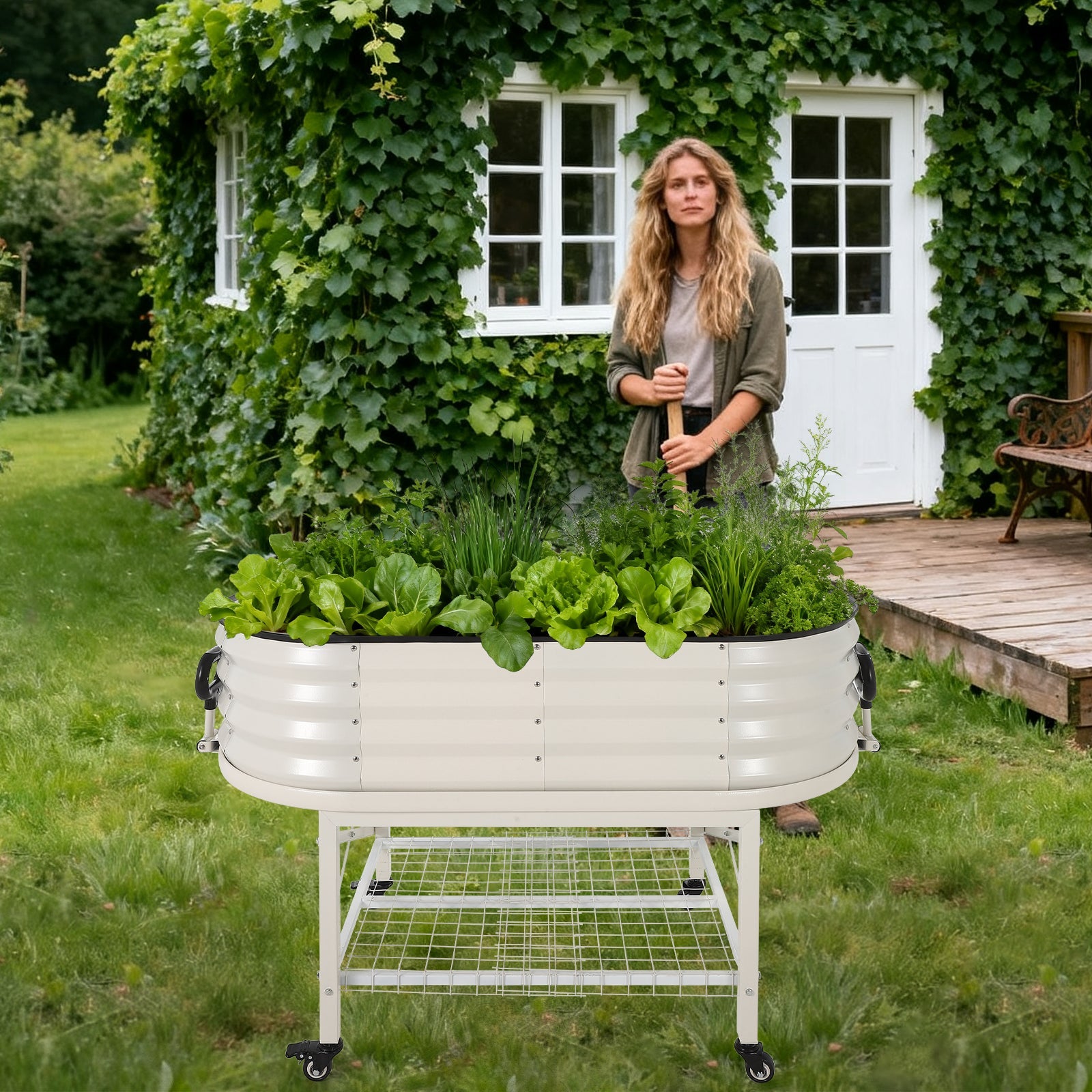 Garvee Galvanized Raised Garden Bed Kit with Storage Rack – Sturdy Oval Metal Planter Box on Legs for Vegetables, Herbs & Flowers – Corrosion-Resistant, Tool-Complimentary Assembly – White, Open, 120×60×30cm