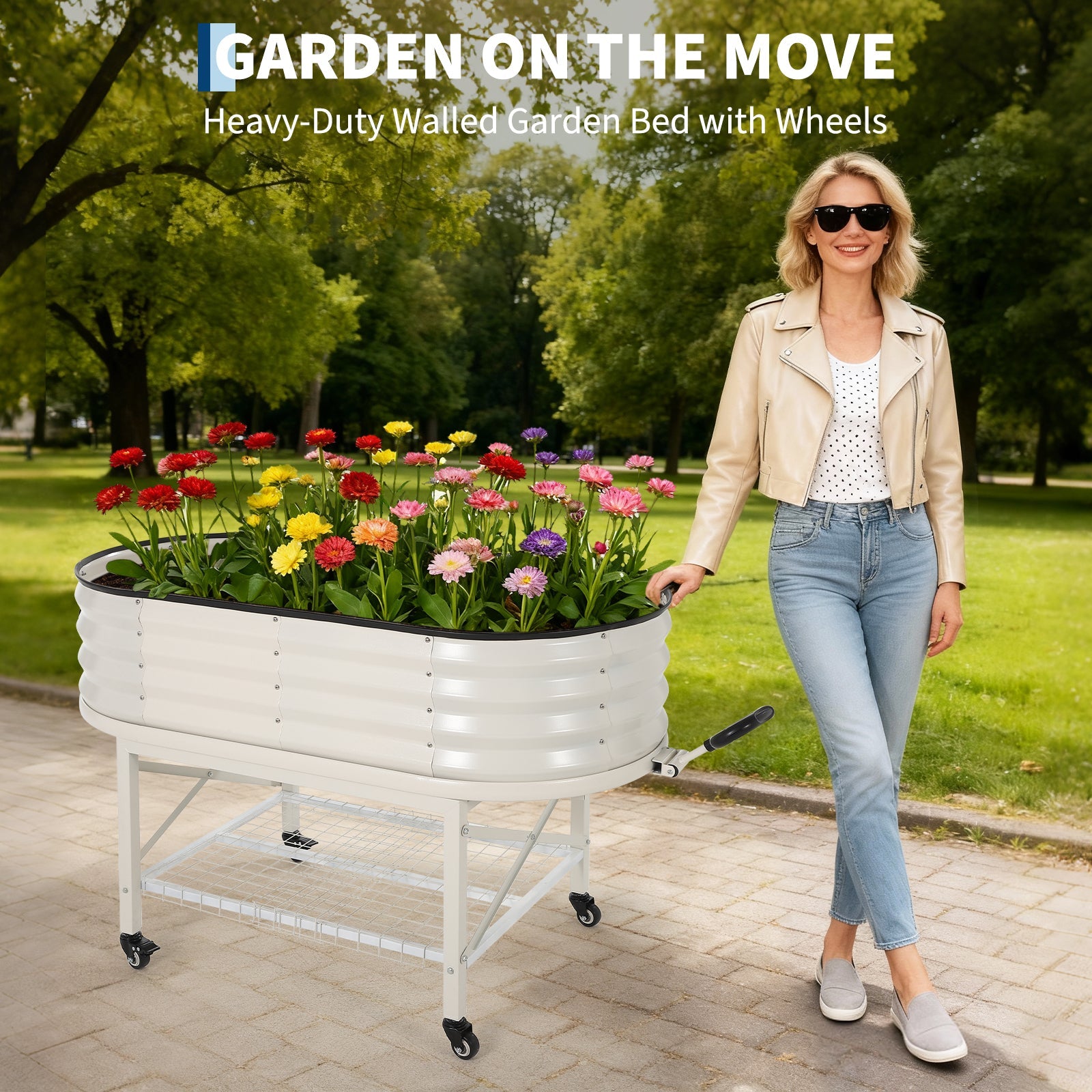 Garvee Galvanized Raised Garden Bed Kit with Storage Rack – Sturdy Oval Metal Planter Box on Legs for Vegetables, Herbs & Flowers – Corrosion-Resistant, Tool-Complimentary Assembly – White, Open, 120×60×30cm