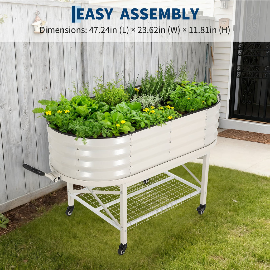 Garvee Galvanized Raised Garden Bed Kit with Storage Rack – Sturdy Oval Metal Planter Box on Legs for Vegetables, Herbs & Flowers – Corrosion-Resistant, Tool-Complimentary Assembly – White, Open, 120×60×30cm