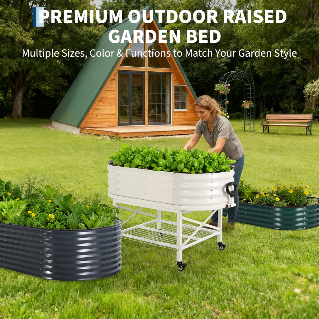Garvee Galvanized Raised Garden Bed Kit with Storage Rack – Sturdy Oval Metal Planter Box on Legs for Vegetables, Herbs & Flowers – Corrosion-Resistant, Tool-Complimentary Assembly – White, Open, 120×60×30cm