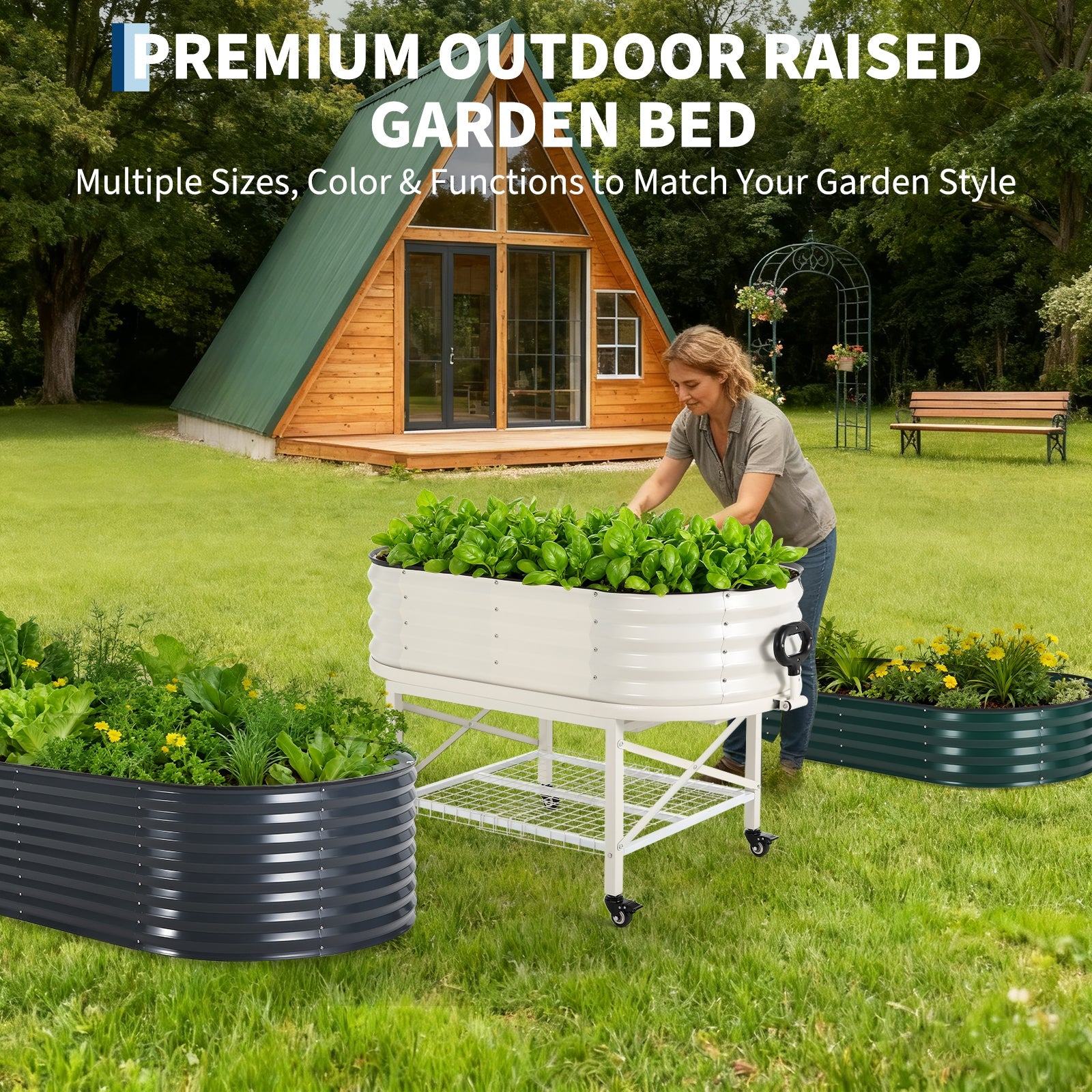 Garvee Galvanized Raised Garden Bed Kit with Storage Rack – Sturdy Oval Metal Planter Box on Legs for Vegetables, Herbs & Flowers – Corrosion-Resistant, Tool-Complimentary Assembly – White, Open, 120×60×30cm
