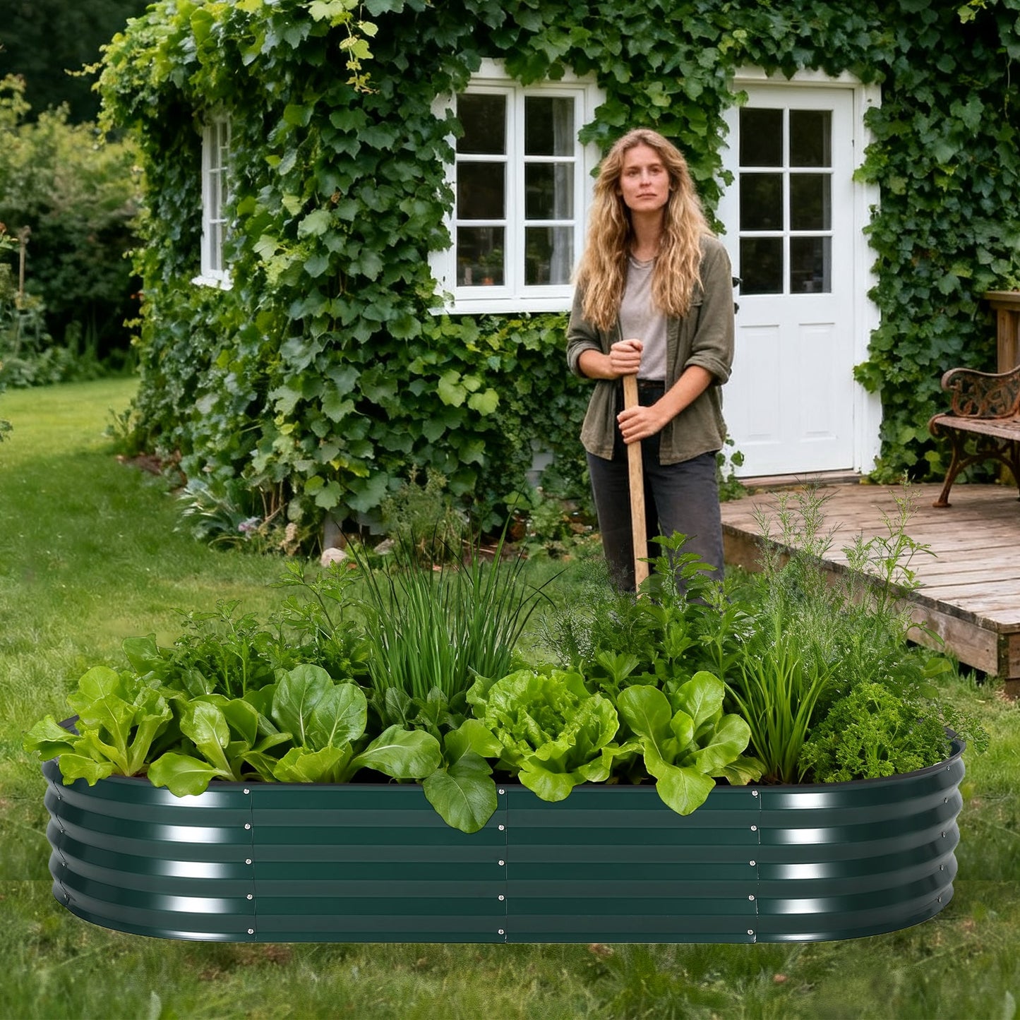 Garvee Galvanized Raised Garden Bed Kit with Zippered PVC Cover – Sturdy Oval Metal Planter Box for Vegetables, Herbs & Flowers – Reinforced Corrosion-Resistant Steel, Tool-Complimentary Assembly – Green, Open, 180×90×30cm
