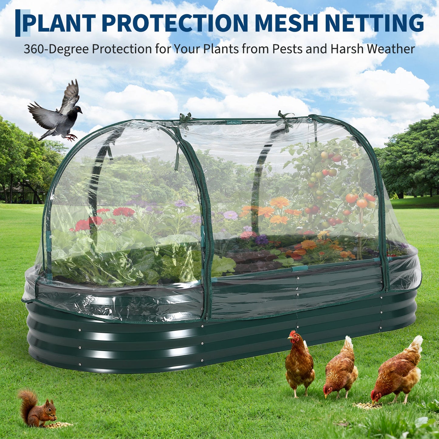 Garvee Galvanized Raised Garden Bed Kit with Zippered PVC Cover – Sturdy Oval Metal Planter Box for Vegetables, Herbs & Flowers – Reinforced Corrosion-Resistant Steel, Tool-Complimentary Assembly – Green, Open, 180×90×30cm