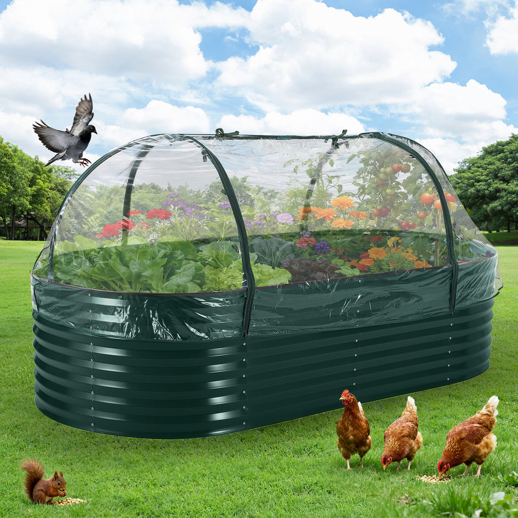Garvee Large Oval Galvanized Raised Garden Bed Kit – Thick Reinforced Metal Planter for Vegetables, Flowers & Herbs – Corrosion-Resistant, Easy Assembly – Dark Green, Open, 240×120×60cm