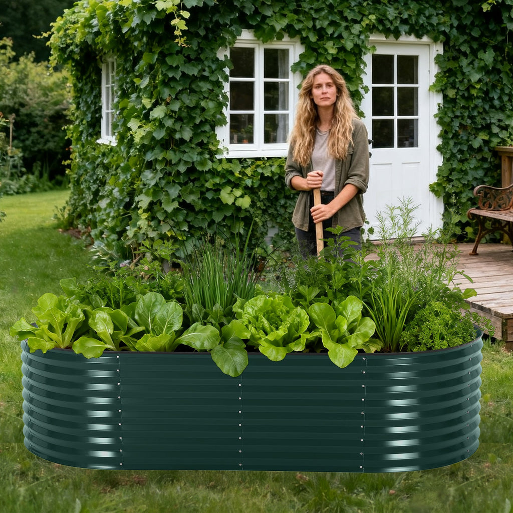 Garvee Large Oval Galvanized Raised Garden Bed Kit – Thick Reinforced Metal Planter for Vegetables, Flowers & Herbs – Corrosion-Resistant, Easy Assembly – Dark Green, Open, 240×120×60cm