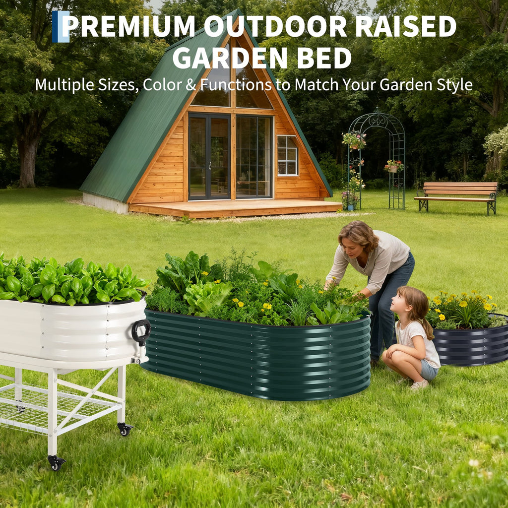 Garvee Large Oval Galvanized Raised Garden Bed Kit – Thick Reinforced Metal Planter for Vegetables, Flowers & Herbs – Corrosion-Resistant, Easy Assembly – Dark Green, Open, 240×120×60cm