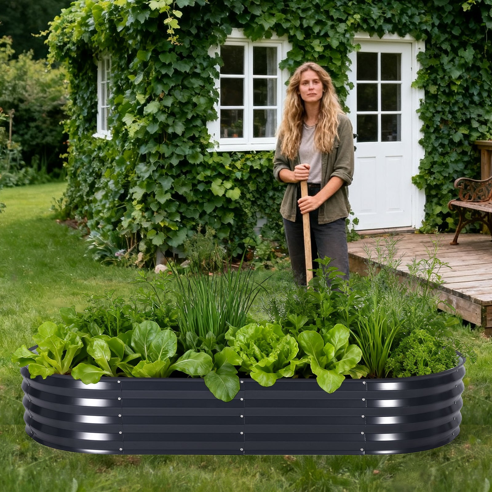 Garvee Large Galvanized Steel Raised Garden Bed Kit – Corrosion-Resistant Oval Planter for Vegetables, Herbs & Flowers – Sturdy, Easy Assembly – Comes with Durable Zippered PVC Cover – Gray, Open Style, 180×90×30cm