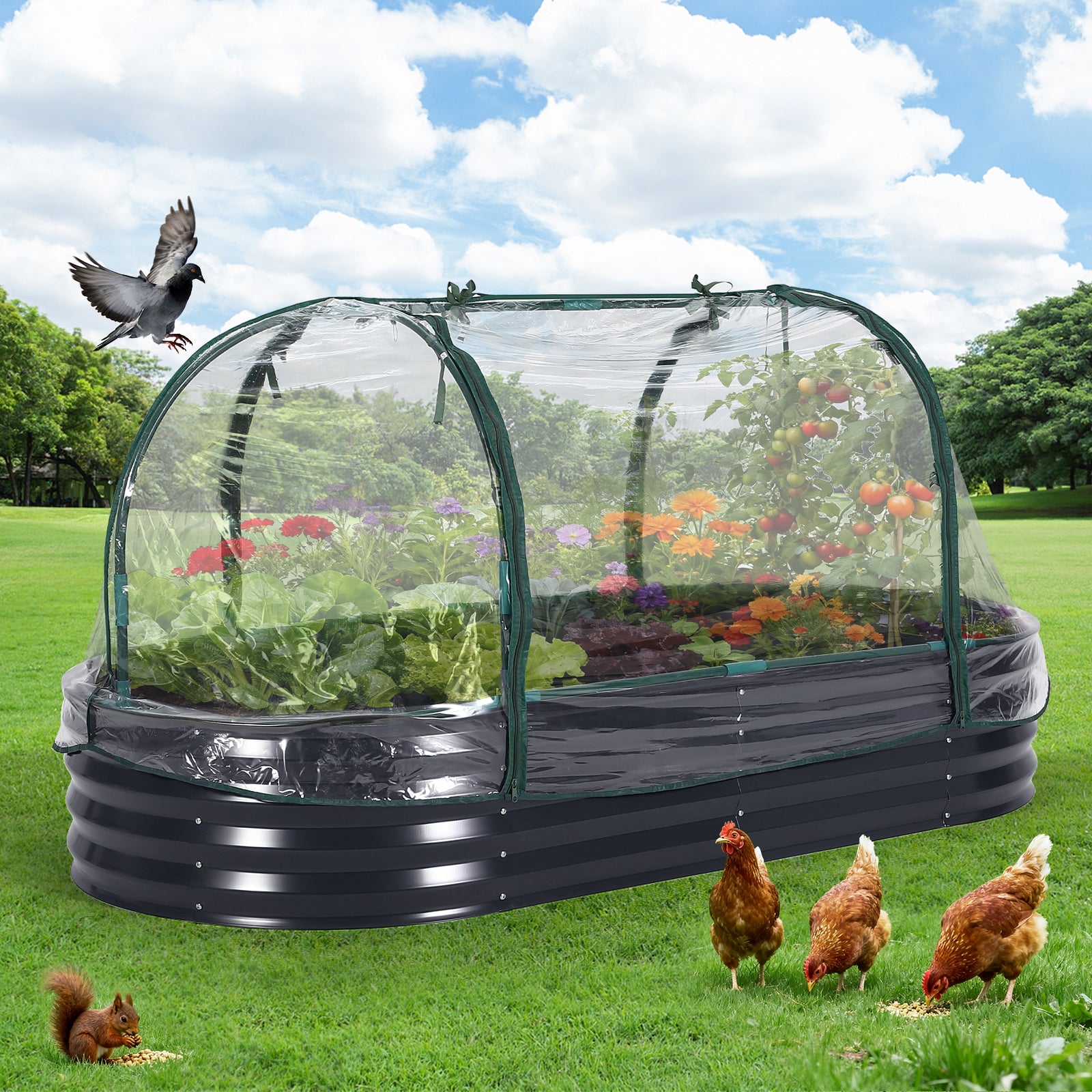Garvee Large Galvanized Steel Raised Garden Bed Kit – Corrosion-Resistant Oval Planter for Vegetables, Herbs & Flowers – Sturdy, Easy Assembly – Comes with Durable Zippered PVC Cover – Gray, Open Style, 180×90×30cm