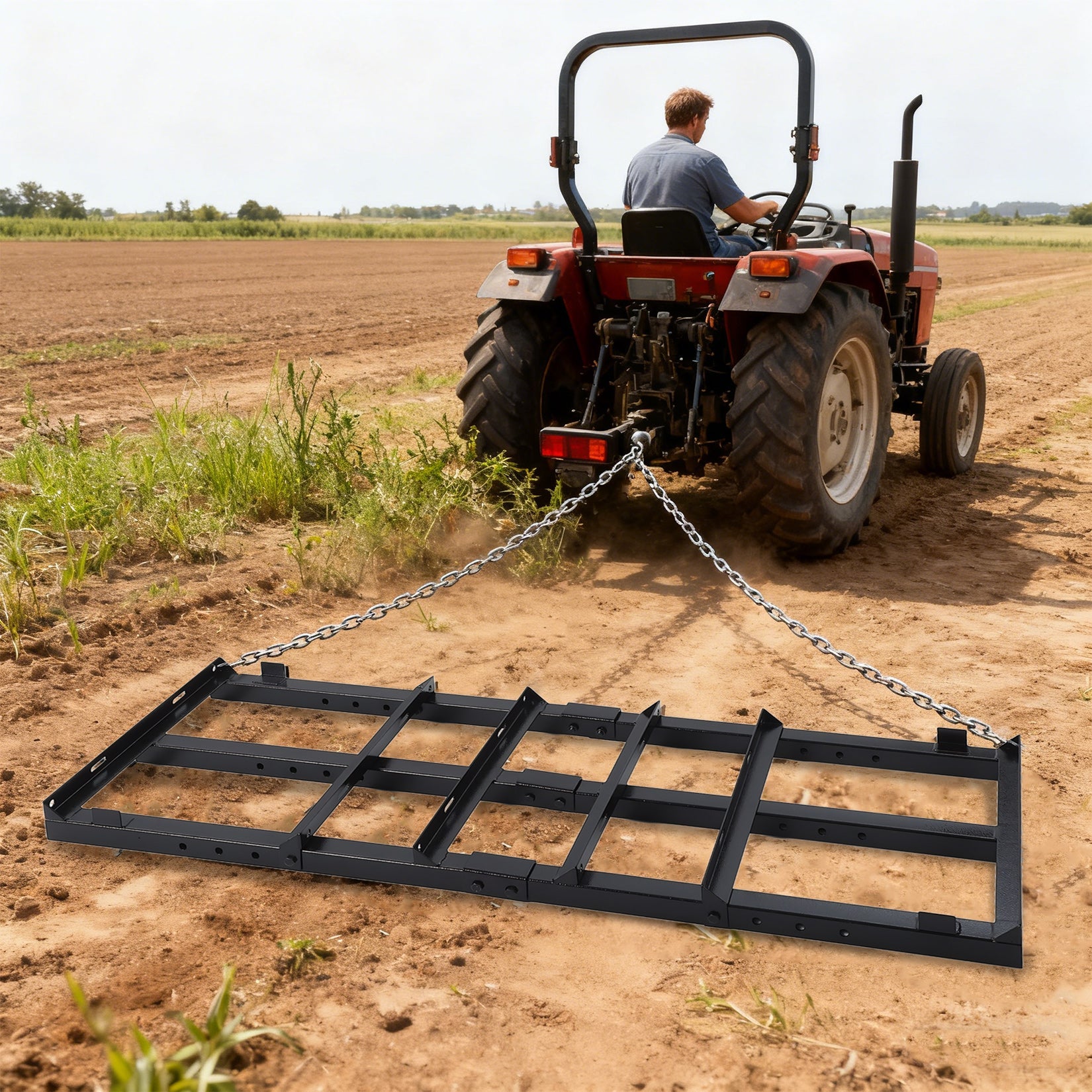 Garvee 4FT Heavy Duty Drag Harrow for Lawn & Garden – Reinforced Steel Frame, 33.95LB Professional Leveling and Landscape Rake, Tow Behind Grader for Gravel Driveways, Sports Fields, Arena Maintenance, Ideal Tractor & Mower Attachment, Drag-Style Model