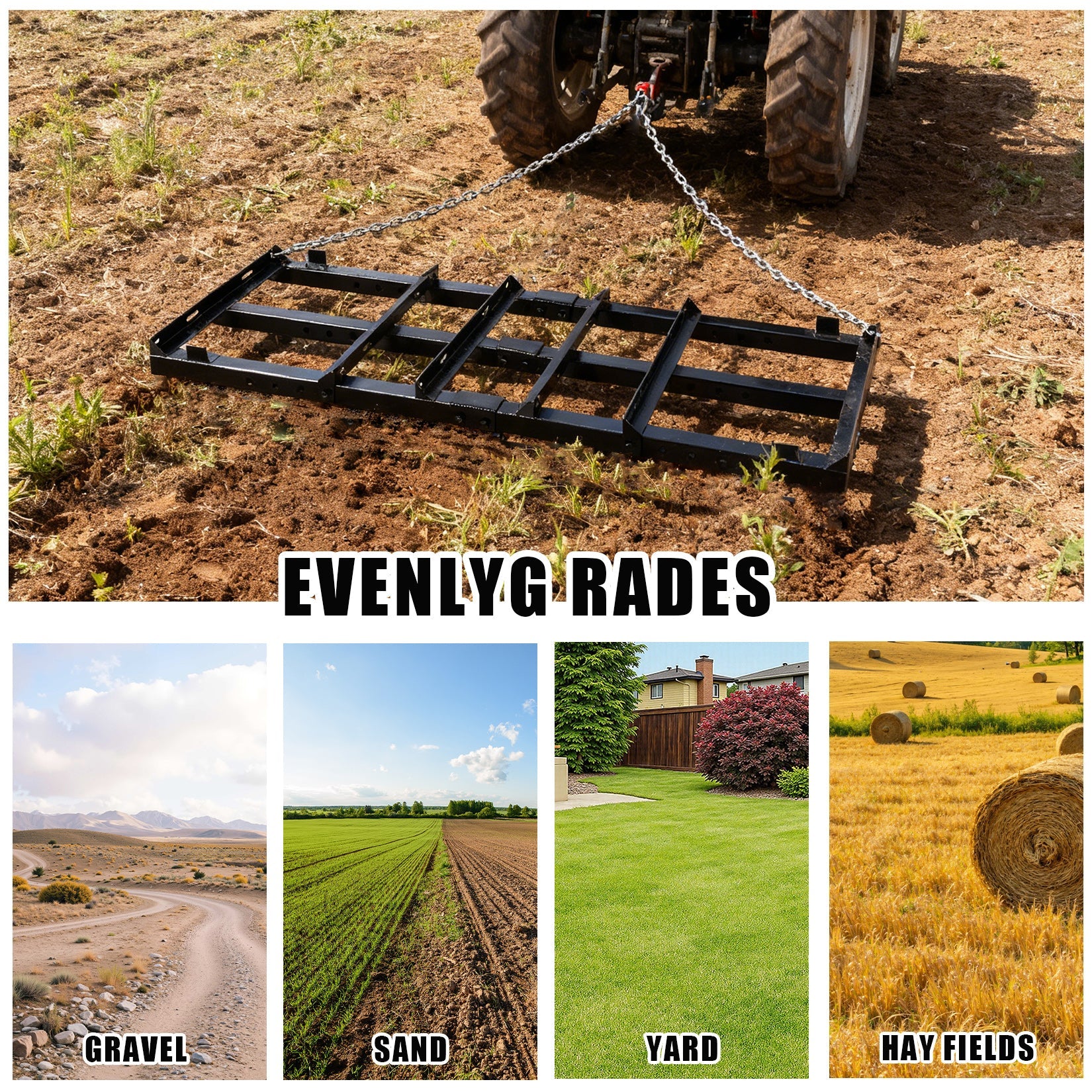 Garvee 4FT Heavy Duty Drag Harrow for Lawn & Garden – Reinforced Steel Frame, 33.95LB Professional Leveling and Landscape Rake, Tow Behind Grader for Gravel Driveways, Sports Fields, Arena Maintenance, Ideal Tractor & Mower Attachment, Drag-Style Model