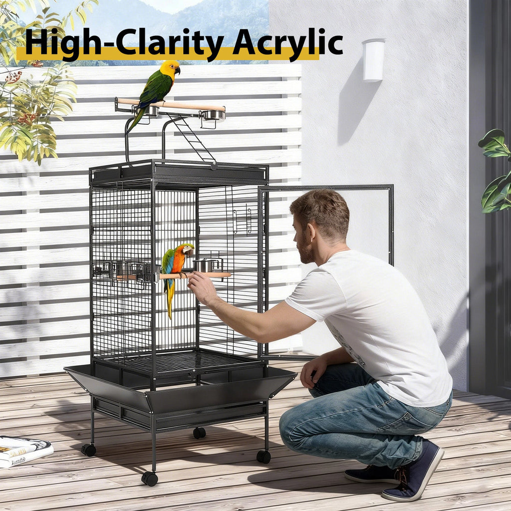 Garvee Large Metal Parrot Cage for Birds, Heavy-Duty Aviary with Acrylic Door, Perches, Stainless Steel Bowls & 360° Wheels, Secure 64.4" Tall Pet Bird Cage for Macaws Cockatoos African Greys