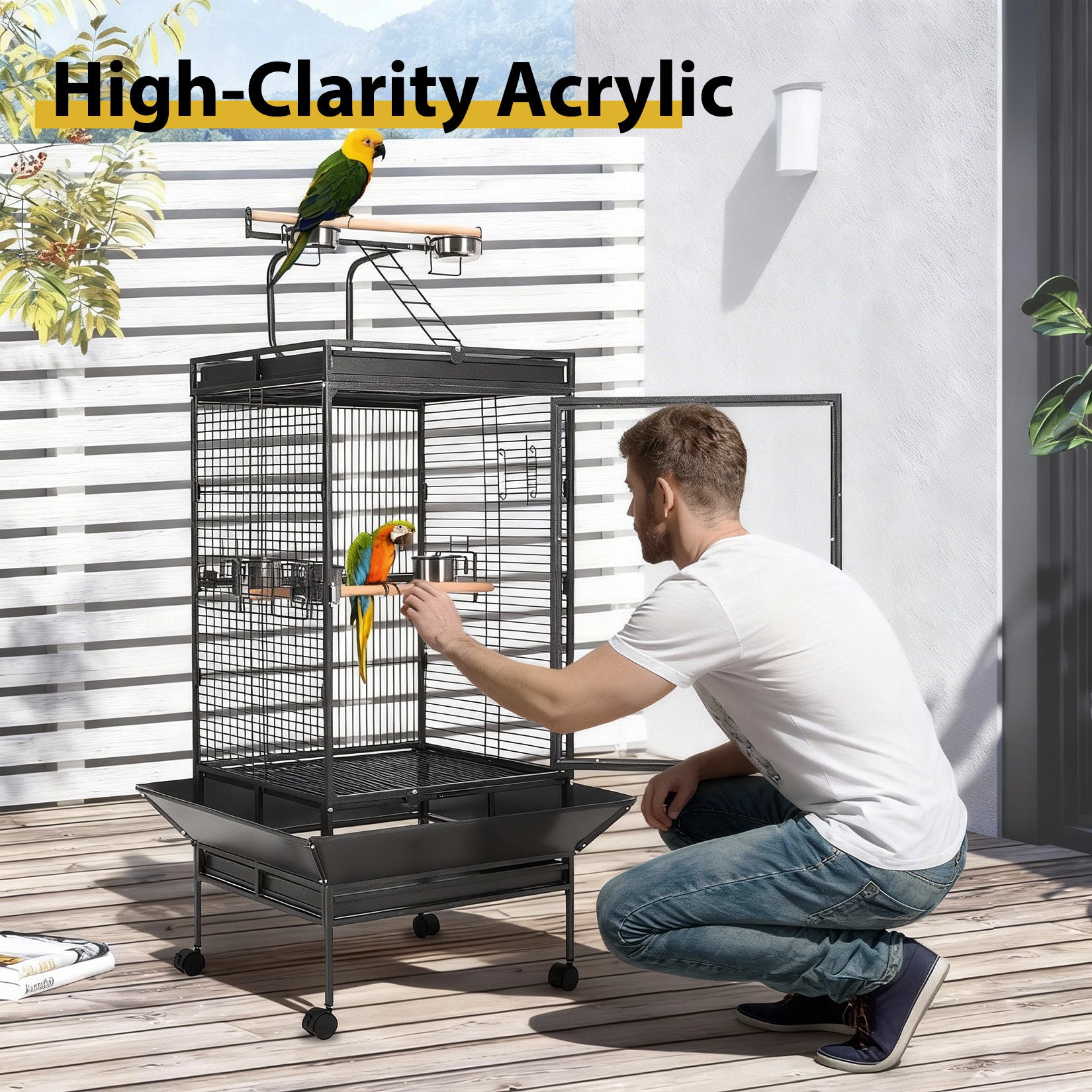 Garvee Large Metal Parrot Cage for Birds, Heavy-Duty Aviary with Acrylic Door, Perches, Stainless Steel Bowls & 360° Wheels, Secure 64.4" Tall Pet Bird Cage for Macaws Cockatoos African Greys