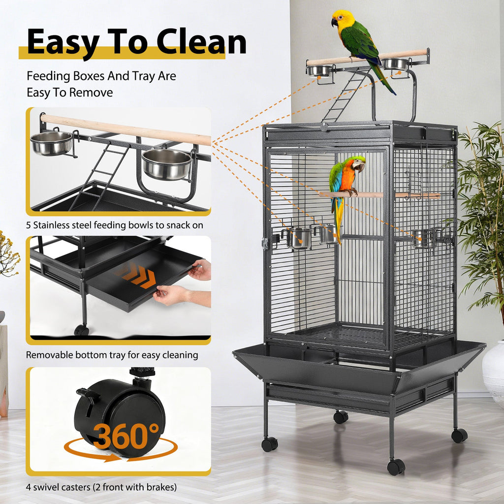 Garvee Large Metal Parrot Cage for Birds, Heavy-Duty Aviary with Acrylic Door, Perches, Stainless Steel Bowls & 360° Wheels, Secure 64.4" Tall Pet Bird Cage for Macaws Cockatoos African Greys