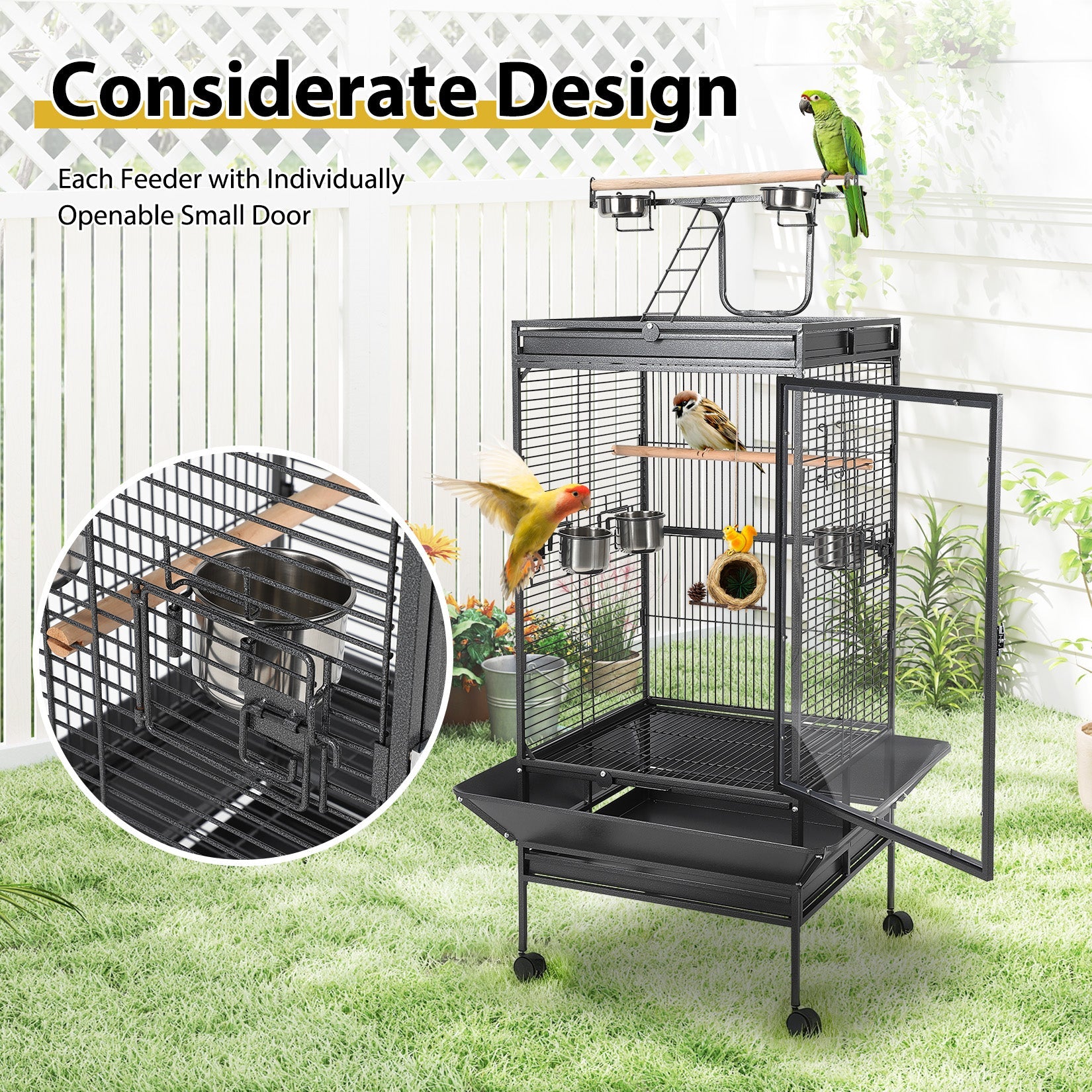 Garvee Large Metal Parrot Cage for Birds, Heavy-Duty Aviary with Acrylic Door, Perches, Stainless Steel Bowls & 360° Wheels, Secure 64.4" Tall Pet Bird Cage for Macaws Cockatoos African Greys