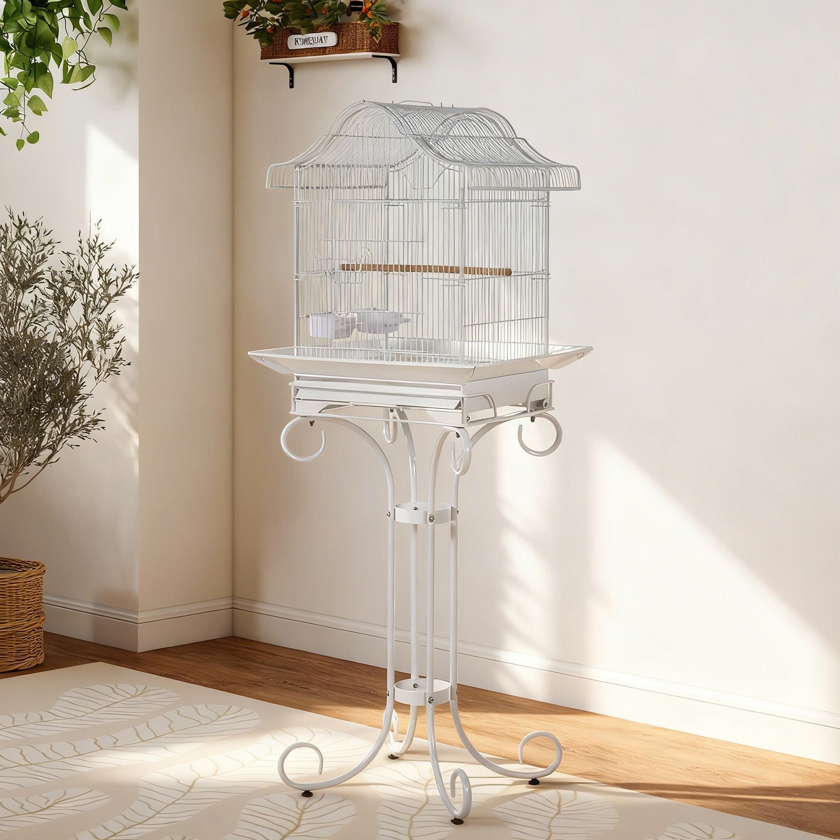 Garvee Decorative Metal Bird Cage with Stand, 57.3” Tall Spacious Aviary with Portable Handle, Removable Tray, 4 Bowls & Perches, Split Design for Parrots, Canaries, Budgies