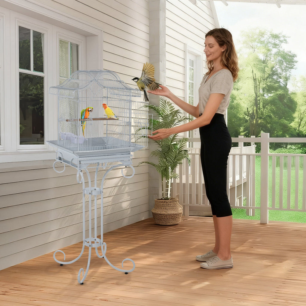 Garvee Decorative Metal Bird Cage with Stand, 57.3” Tall Spacious Aviary with Portable Handle, Removable Tray, 4 Bowls & Perches, Split Design for Parrots, Canaries, Budgies