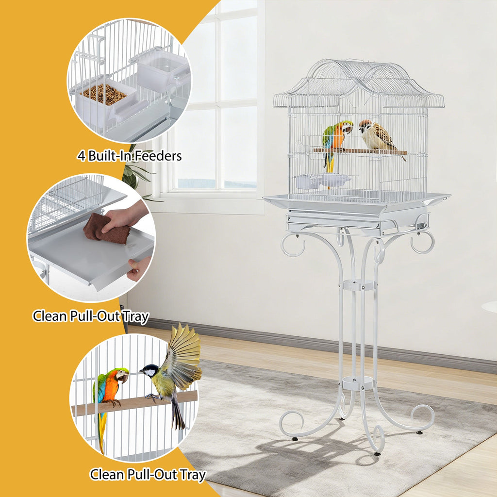 Garvee Decorative Metal Bird Cage with Stand, 57.3” Tall Spacious Aviary with Portable Handle, Removable Tray, 4 Bowls & Perches, Split Design for Parrots, Canaries, Budgies