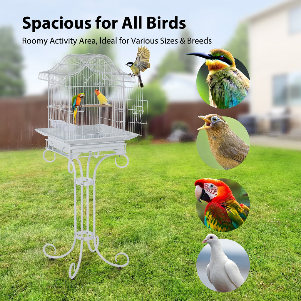 Garvee Decorative Metal Bird Cage with Stand, 57.3” Tall Spacious Aviary with Portable Handle, Removable Tray, 4 Bowls & Perches, Split Design for Parrots, Canaries, Budgies