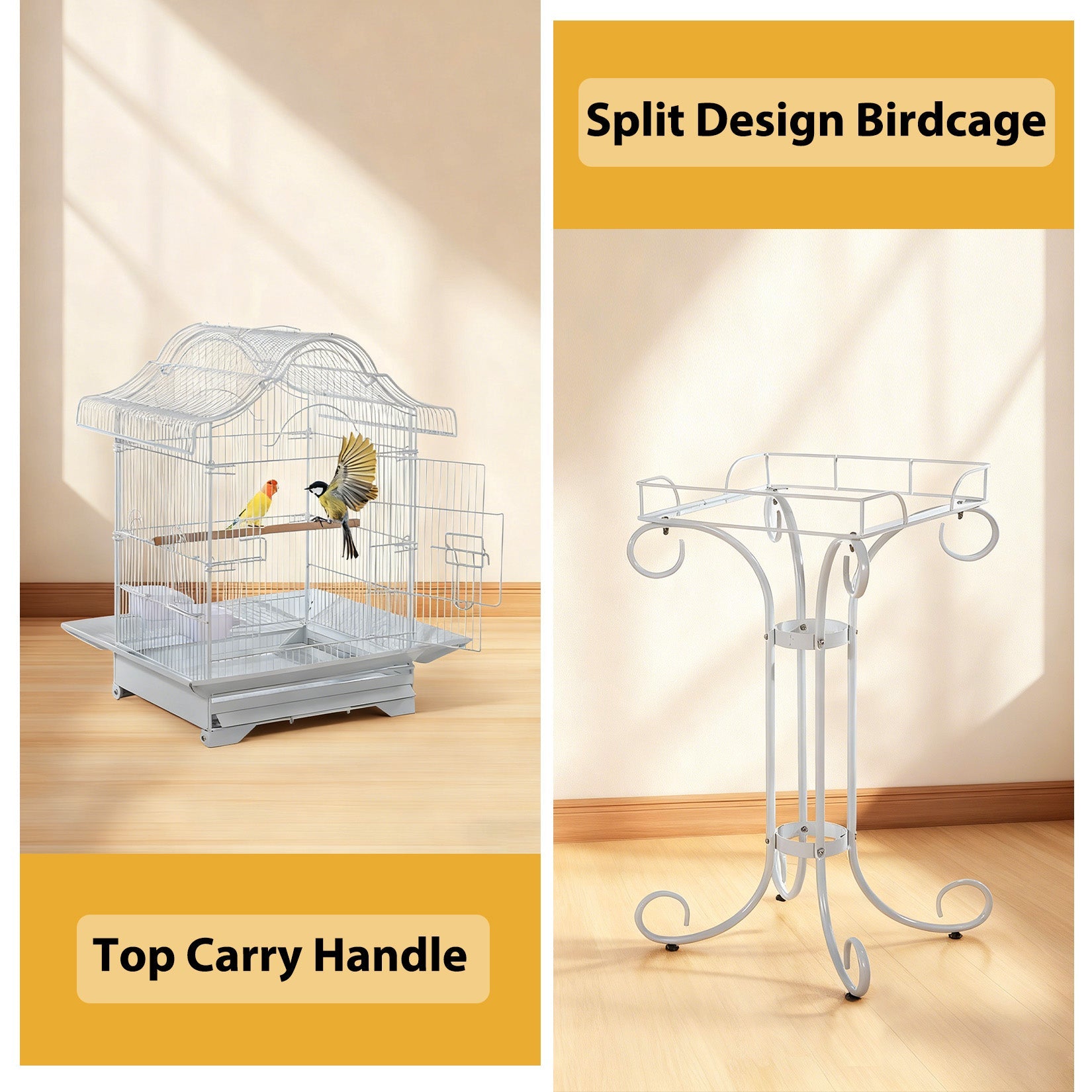Garvee Decorative Metal Bird Cage with Stand, 57.3” Tall Spacious Aviary with Portable Handle, Removable Tray, 4 Bowls & Perches, Split Design for Parrots, Canaries, Budgies