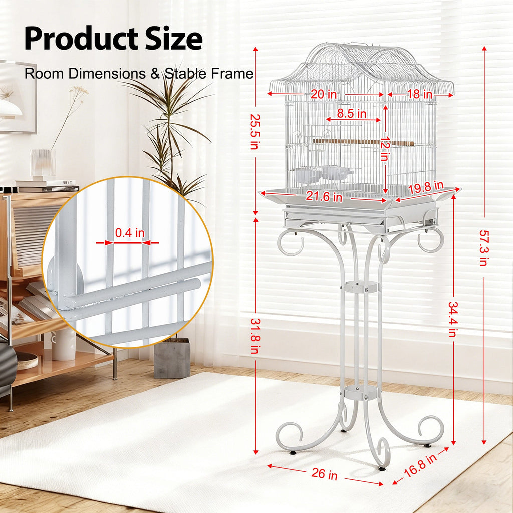 Garvee Decorative Metal Bird Cage with Stand, 57.3” Tall Spacious Aviary with Portable Handle, Removable Tray, 4 Bowls & Perches, Split Design for Parrots, Canaries, Budgies