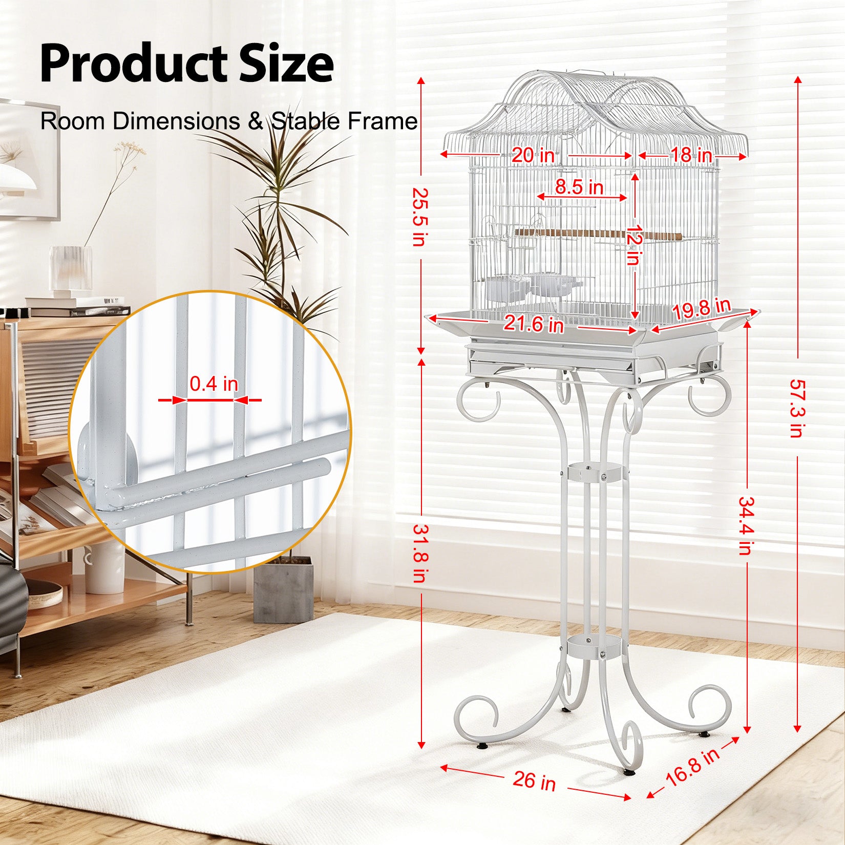 Garvee Decorative Metal Bird Cage with Stand, 57.3” Tall Spacious Aviary with Portable Handle, Removable Tray, 4 Bowls & Perches, Split Design for Parrots, Canaries, Budgies