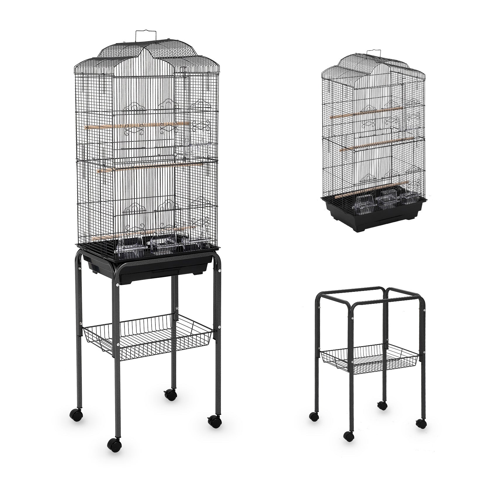 Garvee Multi-Level Rolling Bird Cage with Storage Shelf, 59.8" Metal Parrot Cage, 4 Access Doors, Removable Tray, Perches, Food Bowls, Detachable Stand for Various Birds, Black