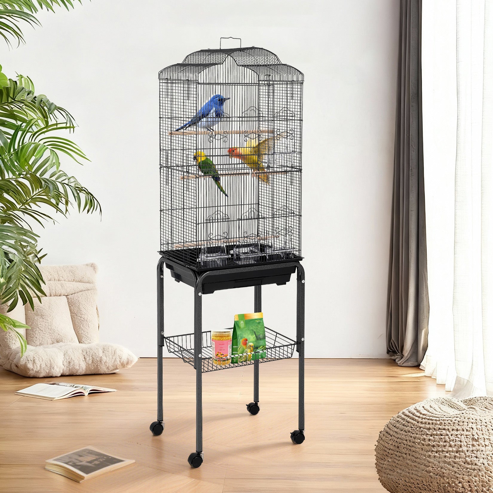 Garvee Multi-Level Rolling Bird Cage with Storage Shelf, 59.8" Metal Parrot Cage, 4 Access Doors, Removable Tray, Perches, Food Bowls, Detachable Stand for Various Birds, Black