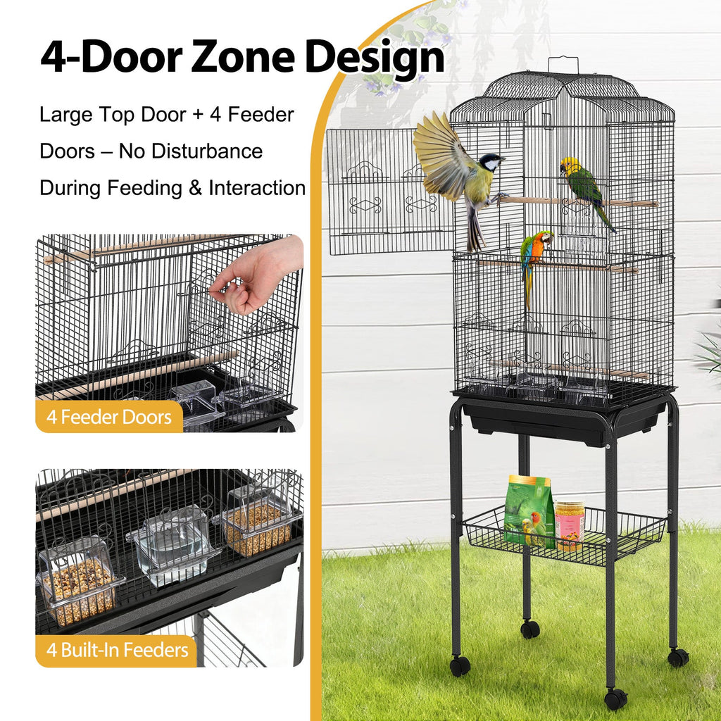 Garvee Multi-Level Rolling Bird Cage with Storage Shelf, 59.8" Metal Parrot Cage, 4 Access Doors, Removable Tray, Perches, Food Bowls, Detachable Stand for Various Birds, Black