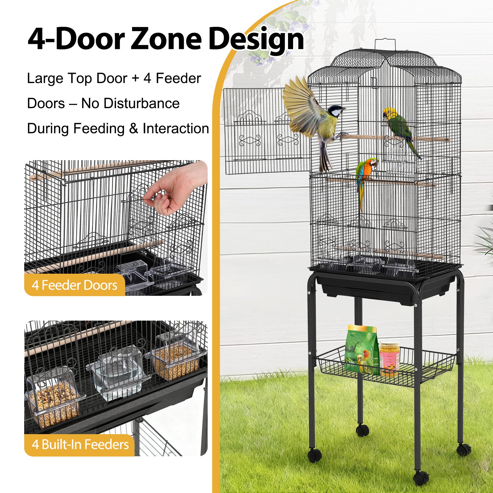 Garvee Multi-Level Rolling Bird Cage with Storage Shelf, 59.8" Metal Parrot Cage, 4 Access Doors, Removable Tray, Perches, Food Bowls, Detachable Stand for Various Birds, Black