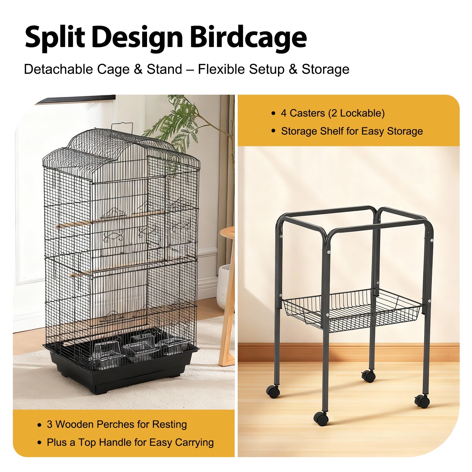 Garvee Multi-Level Rolling Bird Cage with Storage Shelf, 59.8" Metal Parrot Cage, 4 Access Doors, Removable Tray, Perches, Food Bowls, Detachable Stand for Various Birds, Black