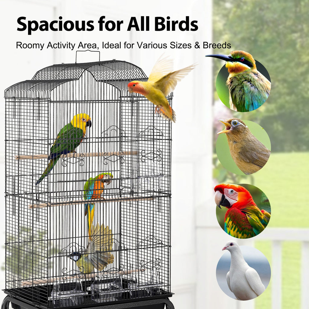 Garvee Multi-Level Rolling Bird Cage with Storage Shelf, 59.8" Metal Parrot Cage, 4 Access Doors, Removable Tray, Perches, Food Bowls, Detachable Stand for Various Birds, Black