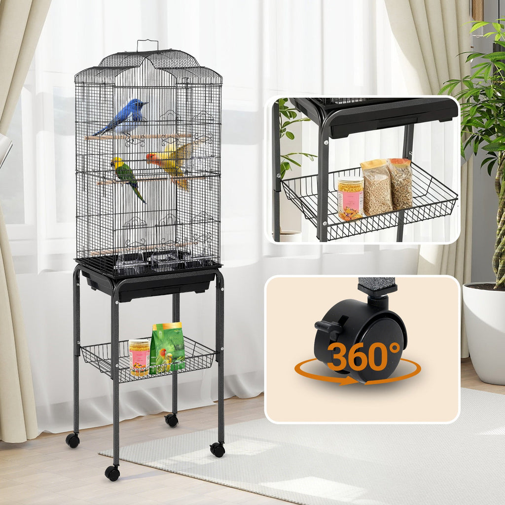 Garvee Multi-Level Rolling Bird Cage with Storage Shelf, 59.8" Metal Parrot Cage, 4 Access Doors, Removable Tray, Perches, Food Bowls, Detachable Stand for Various Birds, Black