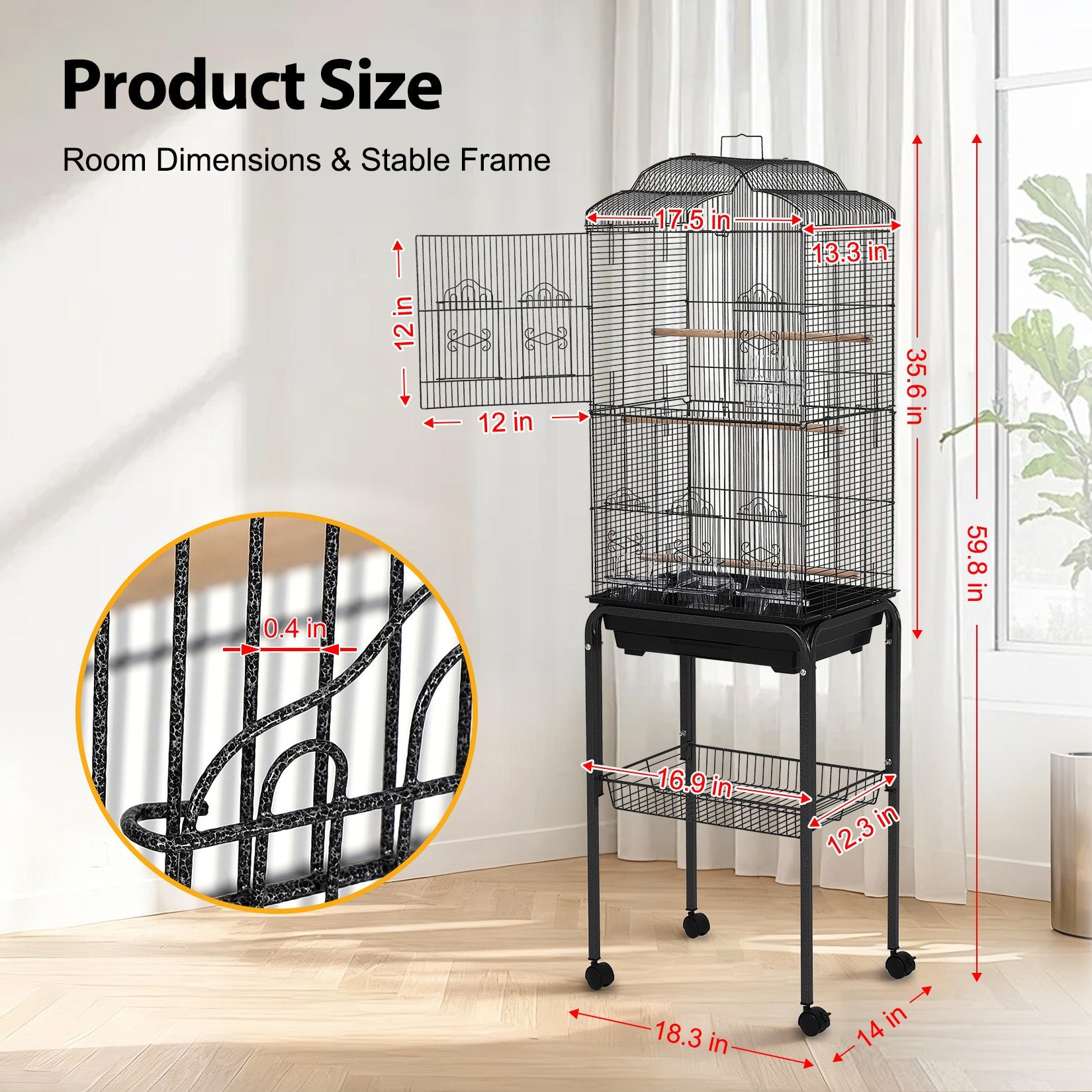Garvee Multi-Level Rolling Bird Cage with Storage Shelf, 59.8" Metal Parrot Cage, 4 Access Doors, Removable Tray, Perches, Food Bowls, Detachable Stand for Various Birds, Black