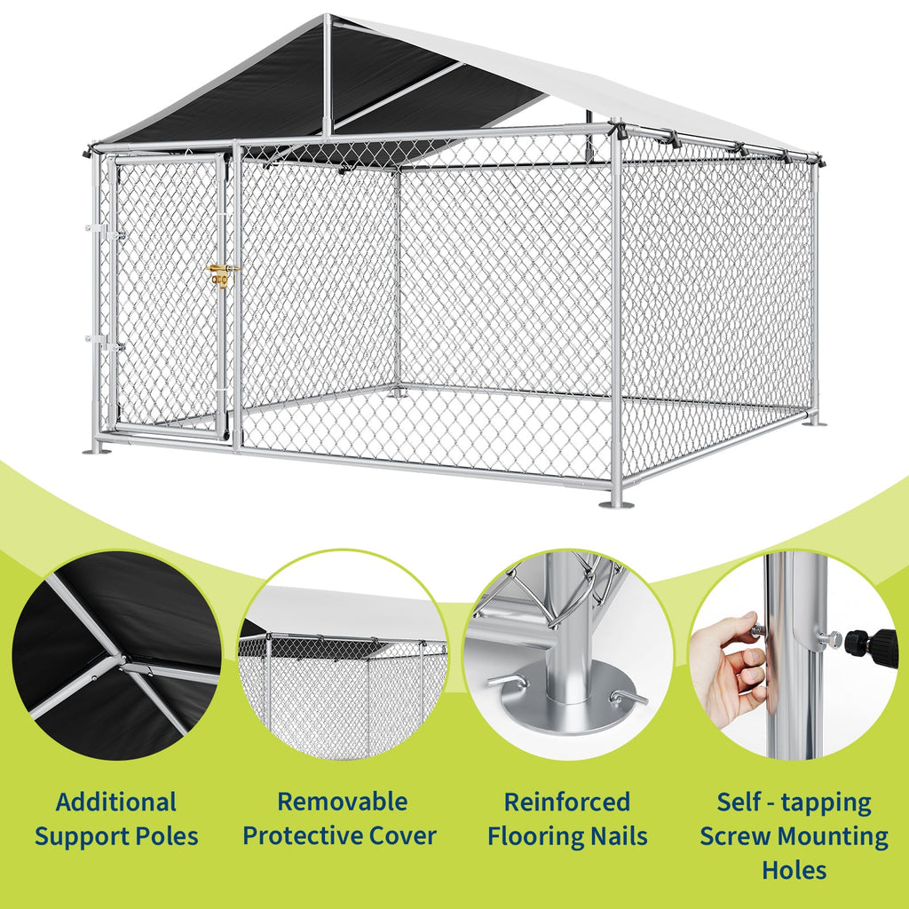 Garvee Large Outdoor Dog Kennel with Waterproof & UV-Resistant Cover, Galvanized Chain Link Dog Enclosure, Outside Dog Kennel with Roof for Backyard Farm Use, 7.5x7.5x5.4ft