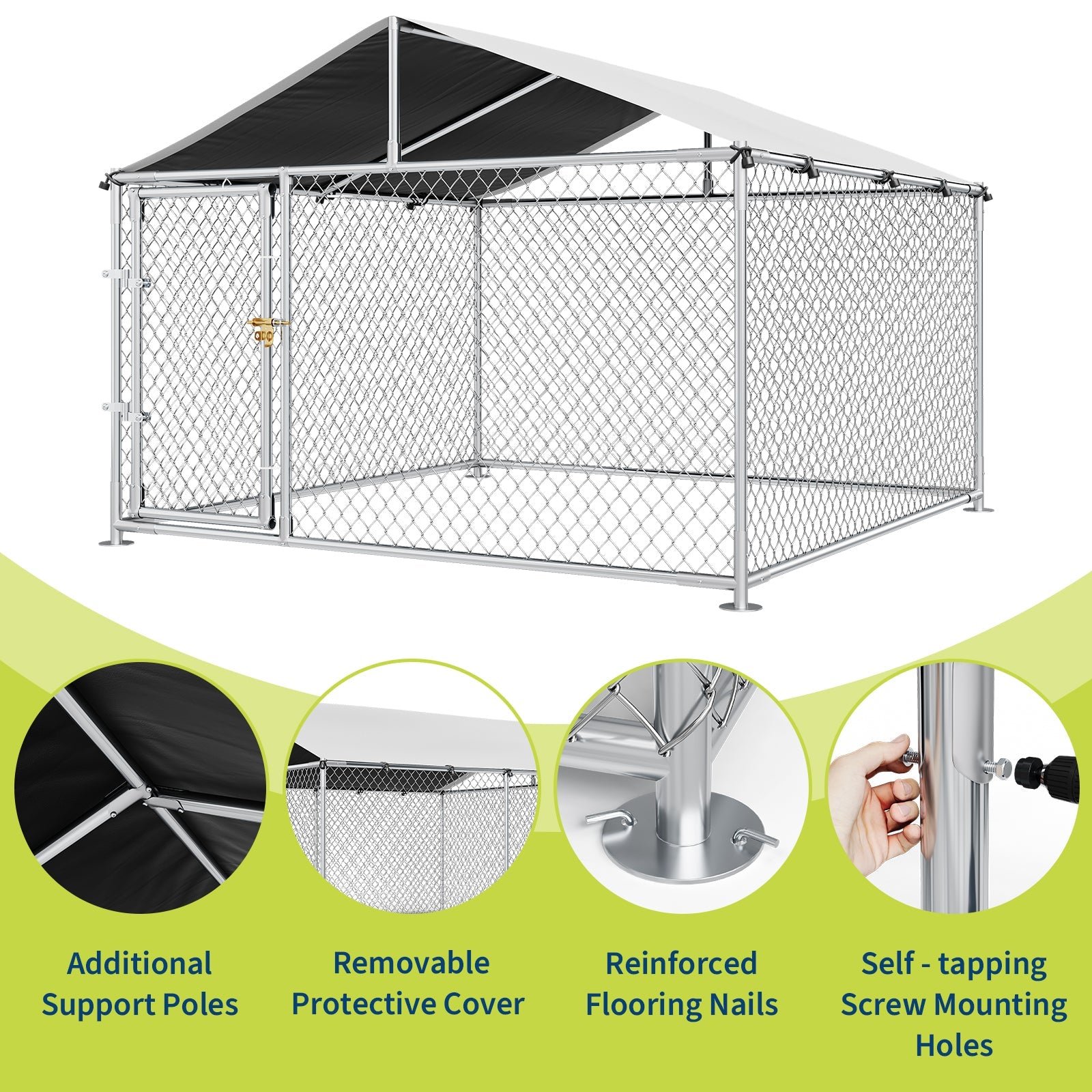 Garvee Large Outdoor Dog Kennel with Waterproof & UV-Resistant Cover, Galvanized Chain Link Dog Enclosure, Outside Dog Kennel with Roof for Backyard Farm Use, 7.5x7.5x5.4ft