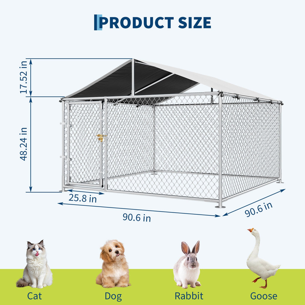 Garvee Large Outdoor Dog Kennel with Waterproof & UV-Resistant Cover, Galvanized Chain Link Dog Enclosure, Outside Dog Kennel with Roof for Backyard Farm Use, 7.5x7.5x5.4ft