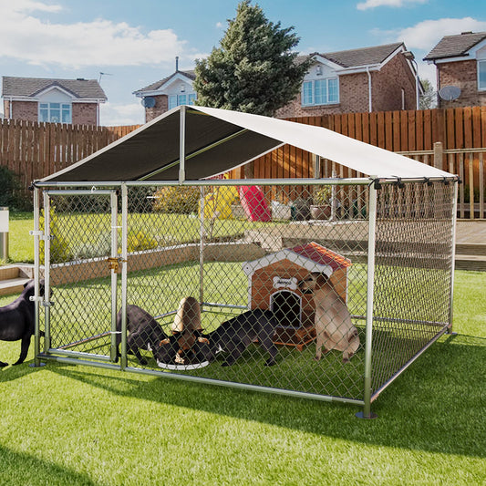 Garvee Large Outdoor Dog Kennel with Waterproof & UV-Resistant Cover, Galvanized Chain Link Dog Enclosure, Outside Dog Kennel with Roof for Backyard Farm Use, 7.5x7.5x5.4ft