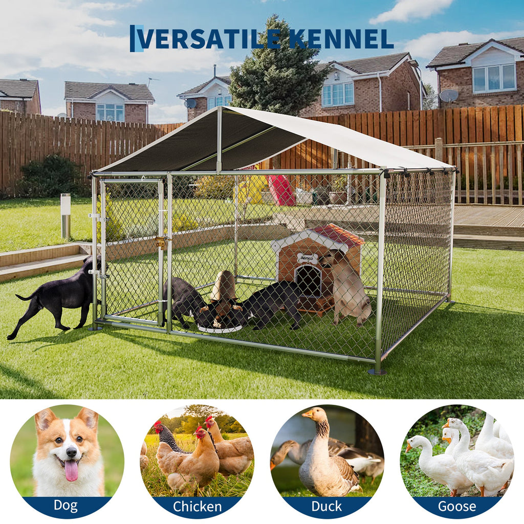Garvee Large Outdoor Dog Kennel with Waterproof & UV-Resistant Cover, Galvanized Chain Link Dog Enclosure, Outside Dog Kennel with Roof for Backyard Farm Use, 7.5x7.5x5.4ft