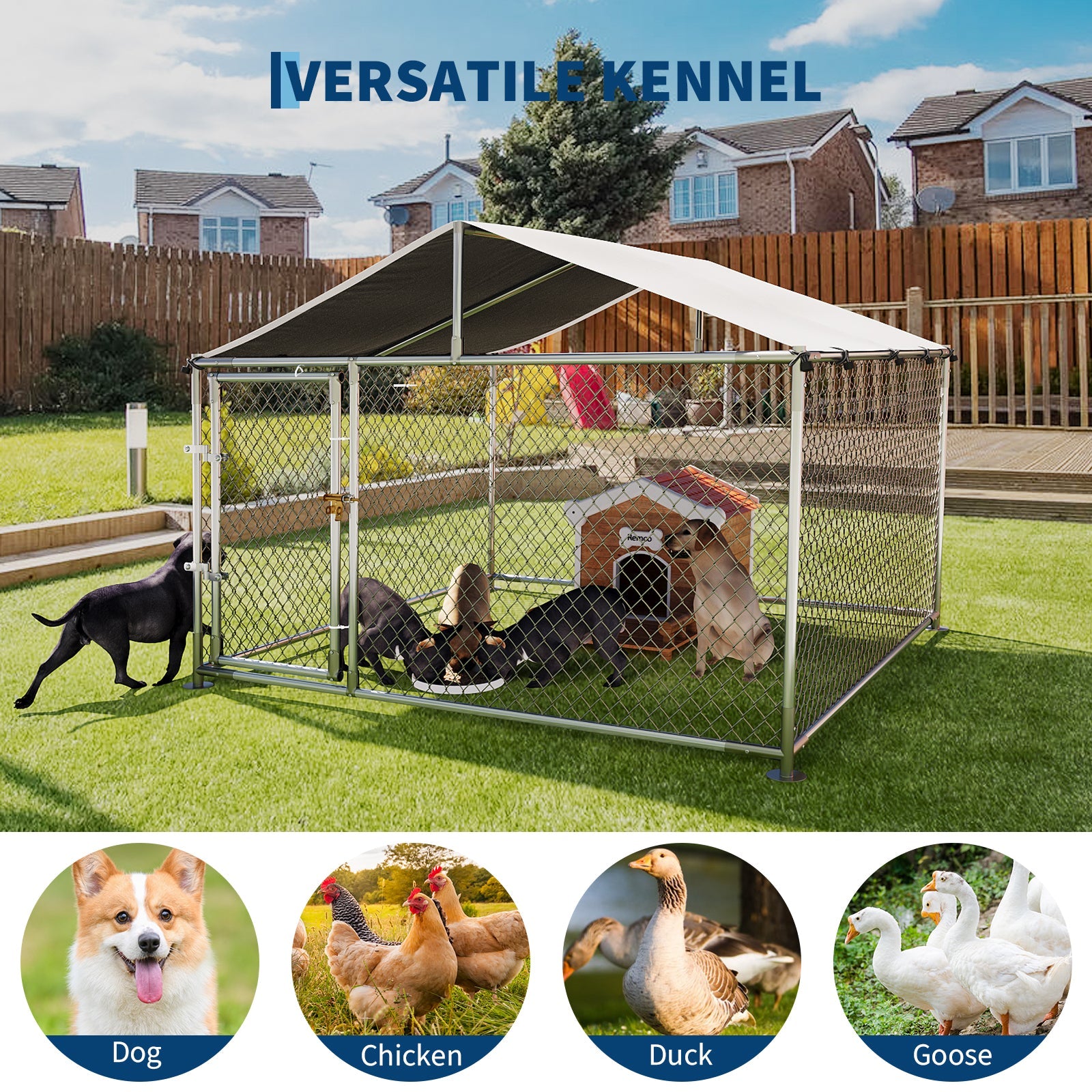 Garvee Large Outdoor Dog Kennel with Waterproof & UV-Resistant Cover, Galvanized Chain Link Dog Enclosure, Outside Dog Kennel with Roof for Backyard Farm Use, 7.5x7.5x5.4ft