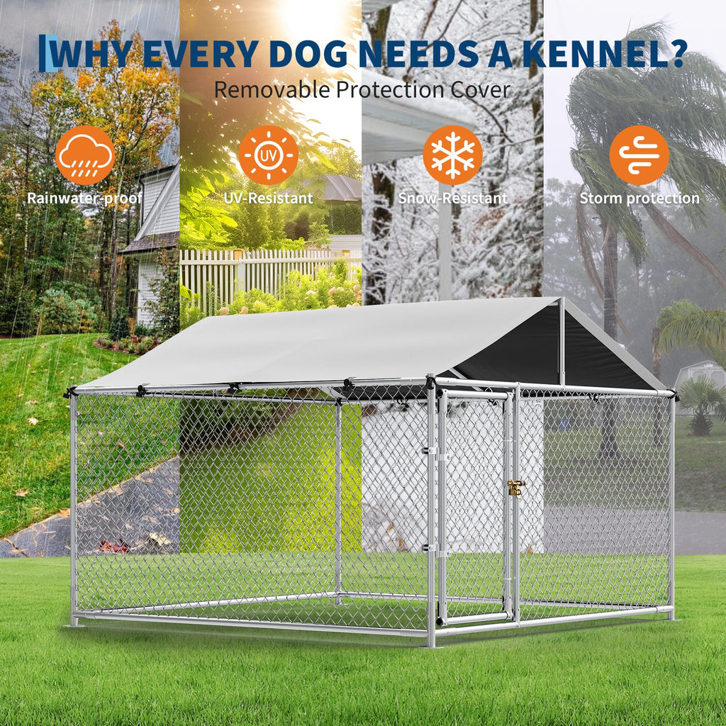 Garvee Large Outdoor Dog Kennel with Waterproof & UV-Resistant Cover, Galvanized Chain Link Dog Enclosure, Outside Dog Kennel with Roof for Backyard Farm Use, 7.5x7.5x5.4ft