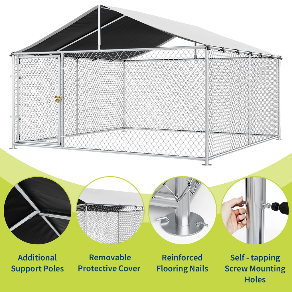 Garvee Large Outdoor Dog Kennel with Waterproof & UV-Resistant Cover, Galvanized Chain Link Dog Enclosure, Outside Dog Kennel with Roof for Backyard Farm Use, 10x10x6ft