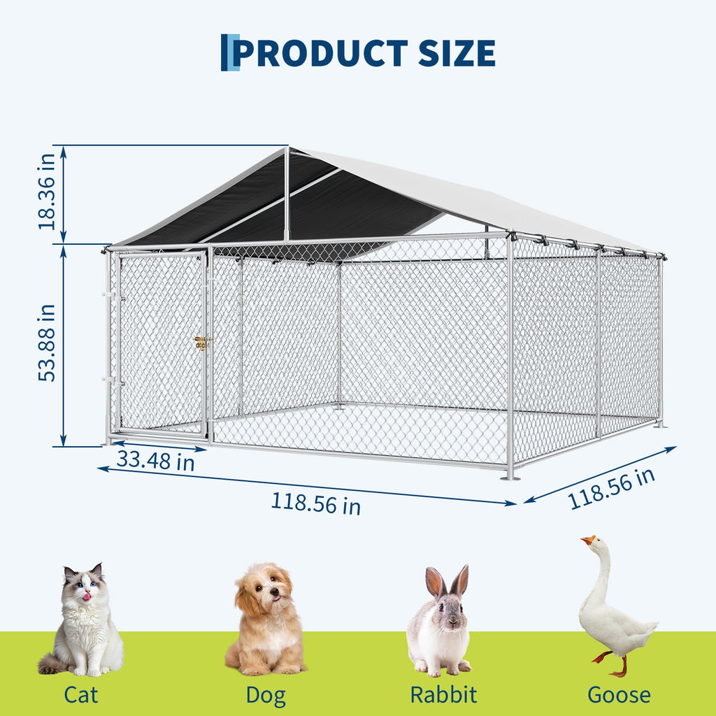 Garvee Large Outdoor Dog Kennel with Waterproof & UV-Resistant Cover, Galvanized Chain Link Dog Enclosure, Outside Dog Kennel with Roof for Backyard Farm Use, 10x10x6ft
