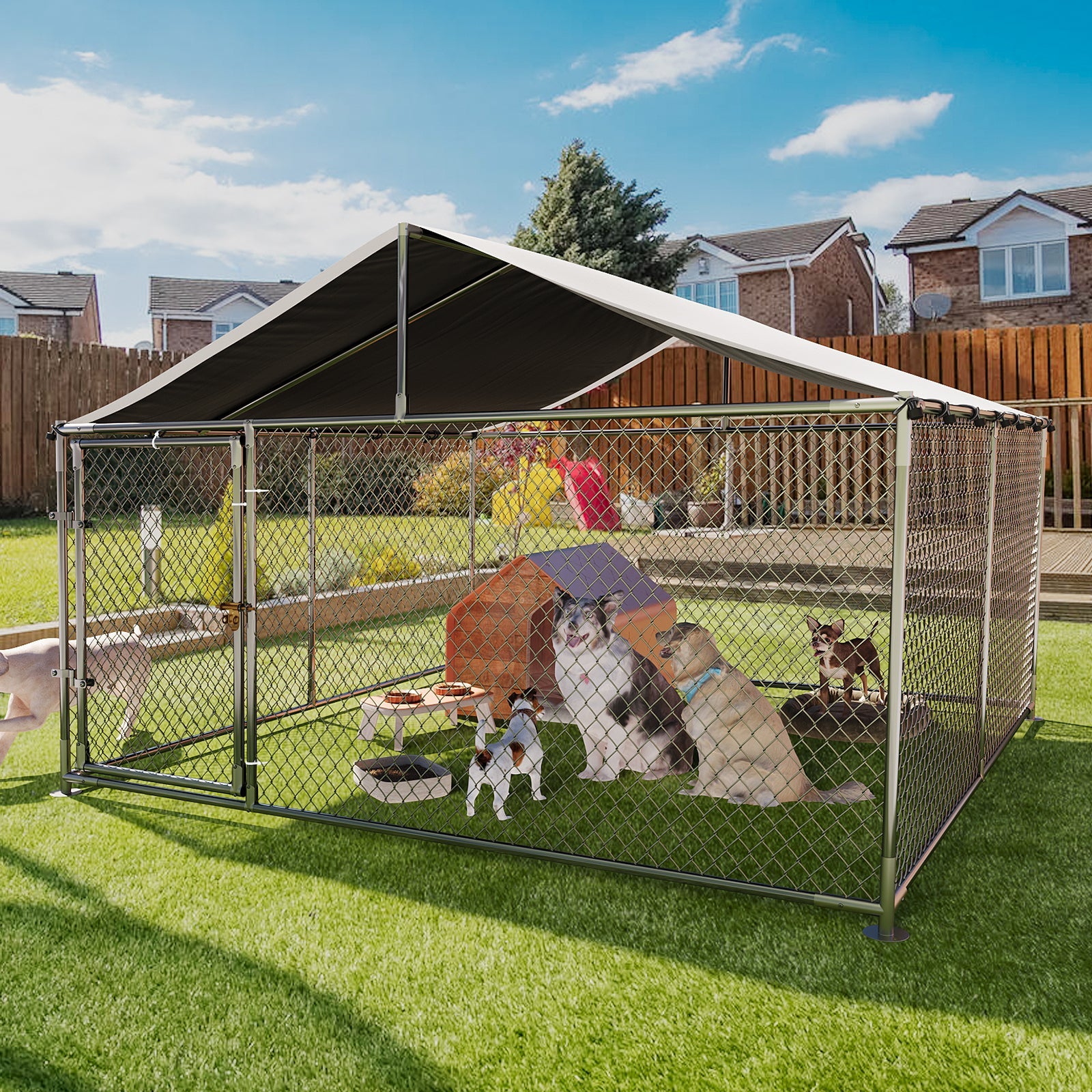 Garvee Large Outdoor Dog Kennel with Waterproof & UV-Resistant Cover, Galvanized Chain Link Dog Enclosure, Outside Dog Kennel with Roof for Backyard Farm Use, 10x10x6ft