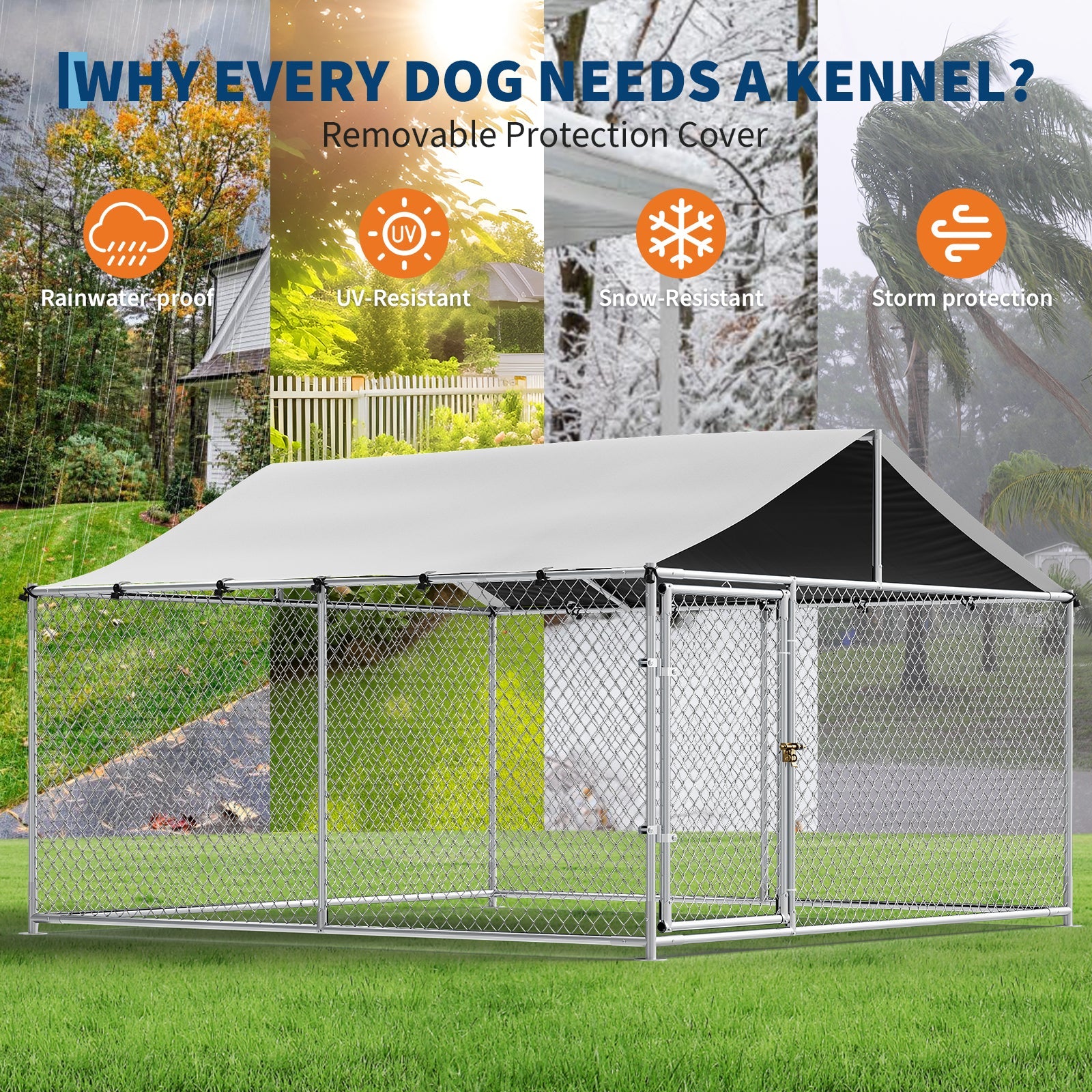 Garvee Large Outdoor Dog Kennel with Waterproof & UV-Resistant Cover, Galvanized Chain Link Dog Enclosure, Outside Dog Kennel with Roof for Backyard Farm Use, 10x10x6ft