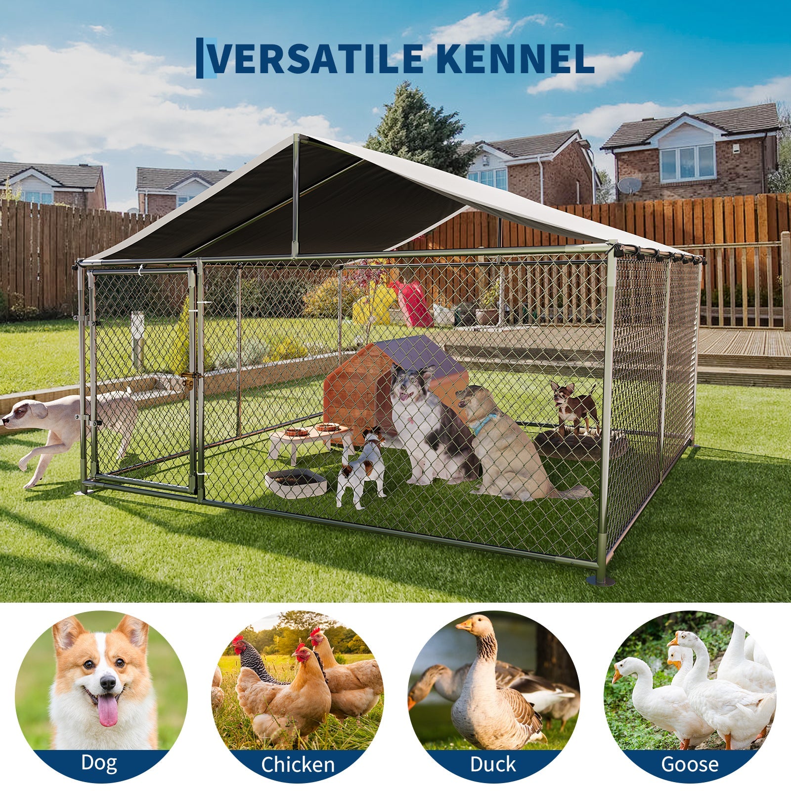 Garvee Large Outdoor Dog Kennel with Waterproof & UV-Resistant Cover, Galvanized Chain Link Dog Enclosure, Outside Dog Kennel with Roof for Backyard Farm Use, 10x10x6ft
