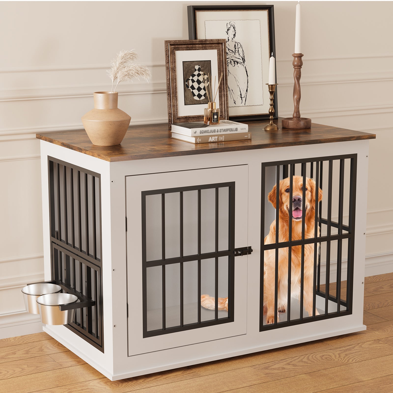 Garvee Heavy Duty Dog Crate Furniture with Lift Top, 39.7" Large Wood Dog Cage, Durable Construction, Easy Installation, Indoor Furniture Style Dog Kennel for Large /Medium Dogs, White