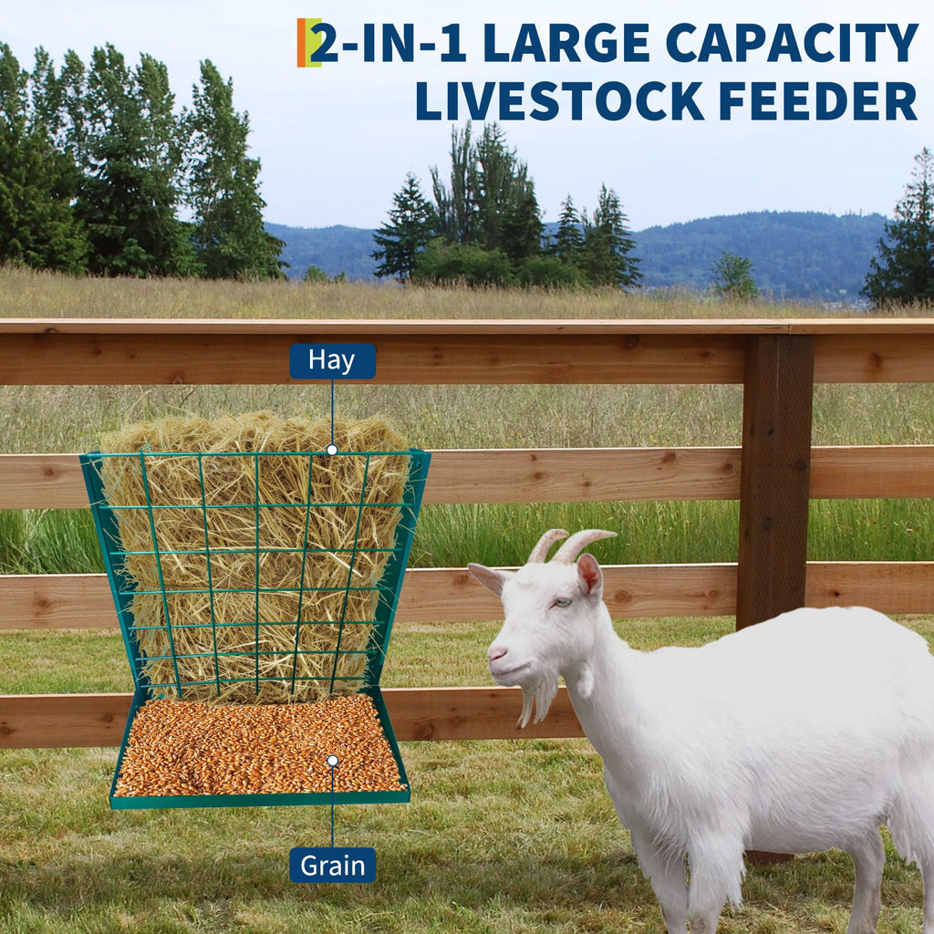 Garvee 2-in-1 Hay Feeder, Wall Mount Hay Rack for Horses, Heavy Duty Steel Hanging Livestock Feeder for Small Goats Sheep Cattle, Easy Assembly, Dark Green