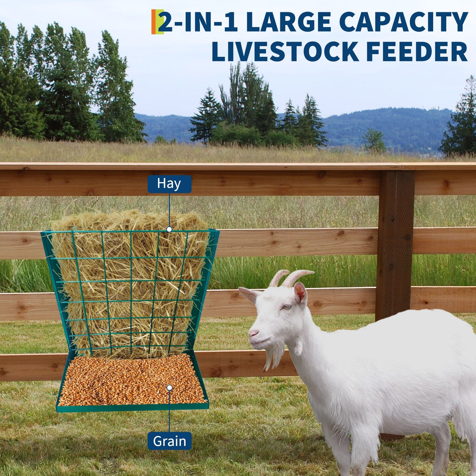Garvee 2-in-1 Hay Feeder, Wall Mount Hay Rack for Horses, Heavy Duty Steel Hanging Livestock Feeder for Small Goats Sheep Cattle, Easy Assembly, Dark Green