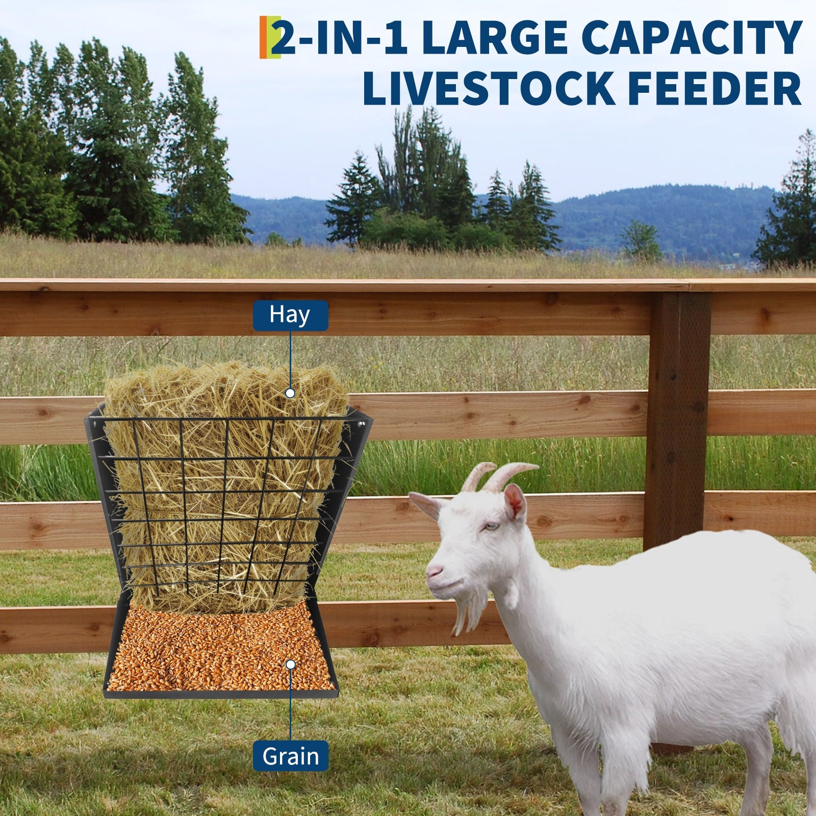 Garvee 2-in-1 Hay Feeder, Wall Mount Hay Rack for Horses, Heavy Duty Steel Hanging Livestock Feeder for Small Goats Sheep Cattle, Easy Assembly, Black
